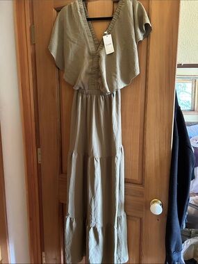 Simplee Apparel Olive Maxi Dress with Ruffle V-Neck